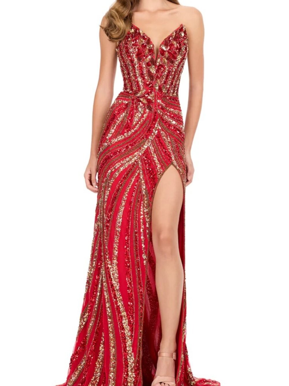 NWT Ashley Lauren 12230 Strapless Metallic Beaded Prom Dress Gold/Red size 6